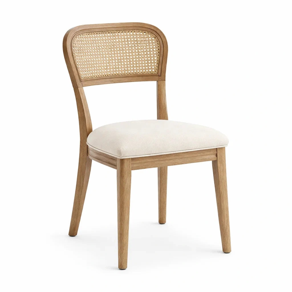 Sedia in Legno Rovere con Schienale in Rattan e Seduta in Poliestere Beige
