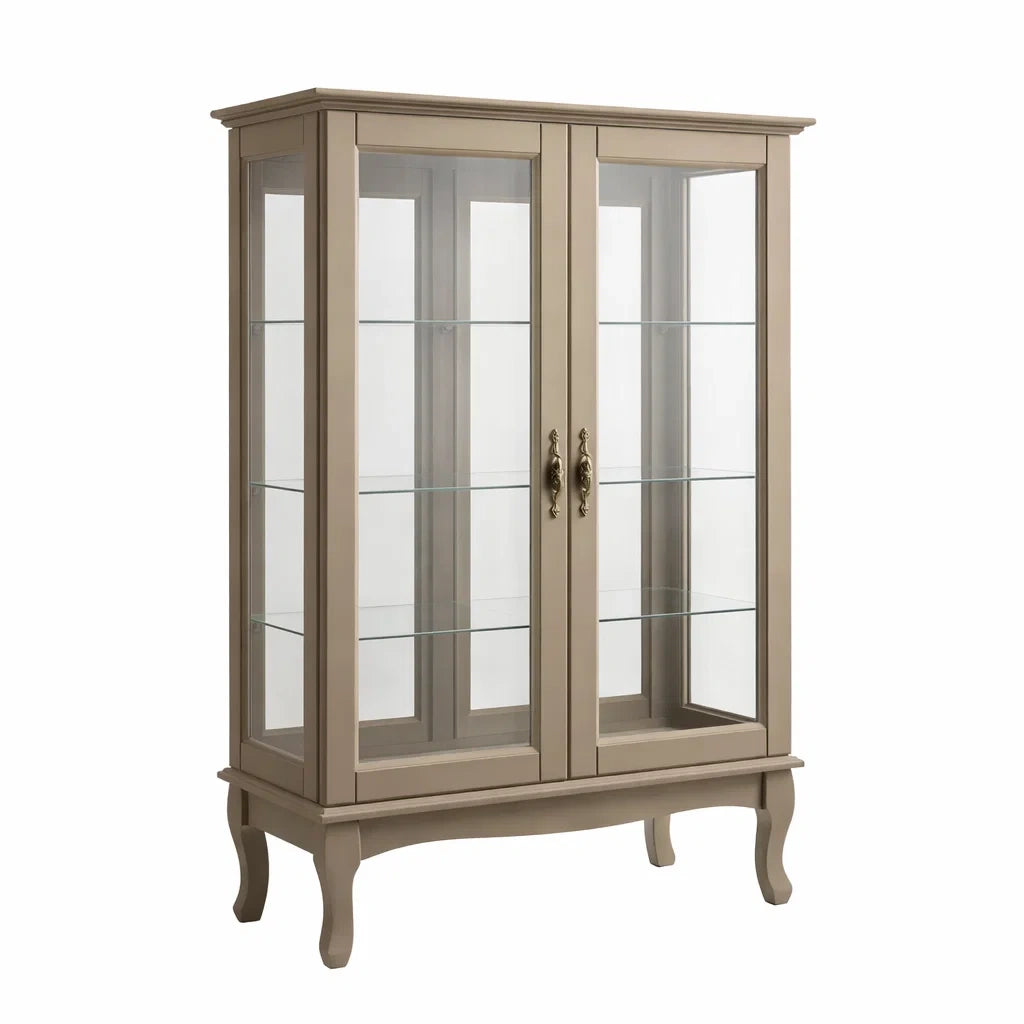 Vetrina in legno con ante in vetro temperato e ripiani in vetro beige