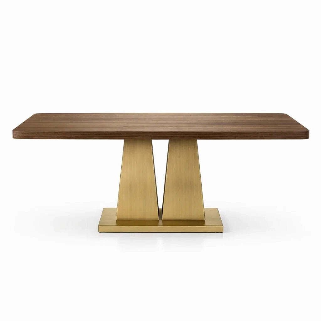 Tavolo da pranzo rettangolare in legno di noce e base in metallo placcato, 200x100x75 cm, Marrone/Ottone
