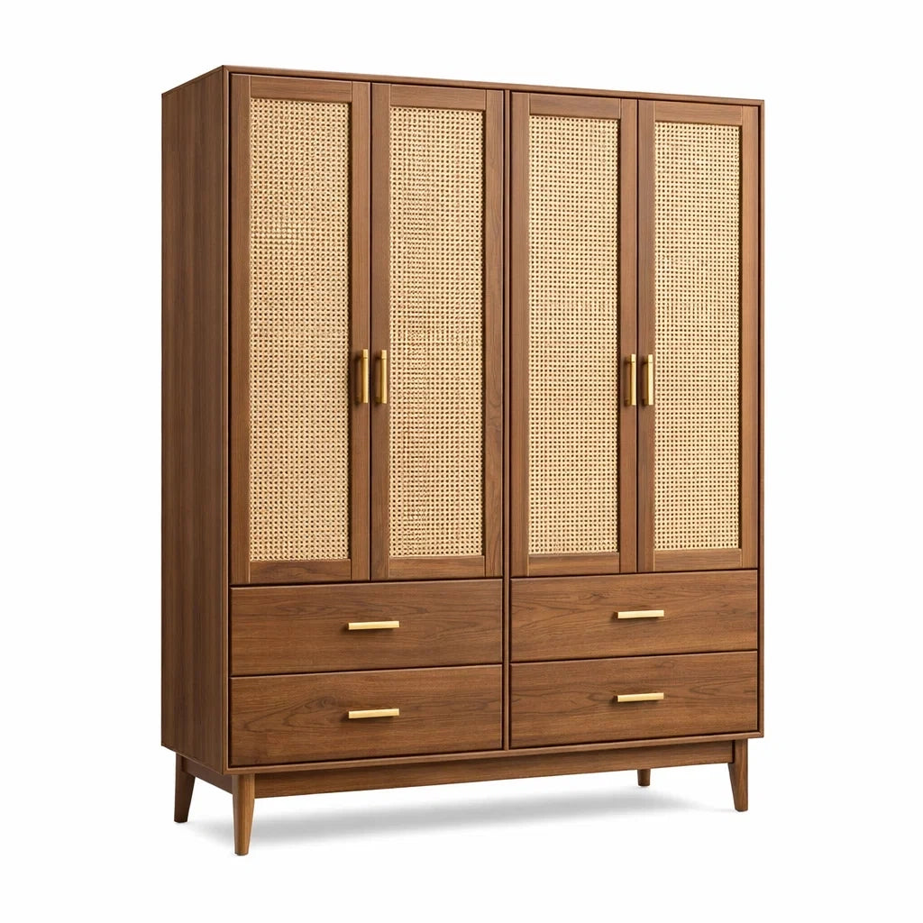 Armadio in Legno con Ante in Rattan e Cassetti