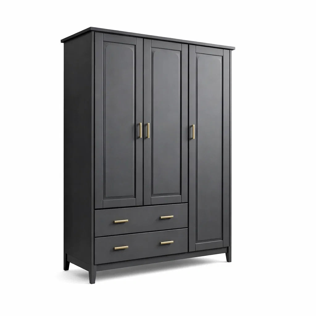 Armadio in Legno Laminato Grigio con 3 Ante e 2 Cassetti