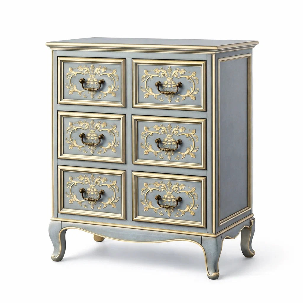 Cassettiera in Legno Intagliato a 6 Cassetti Blu e Oro