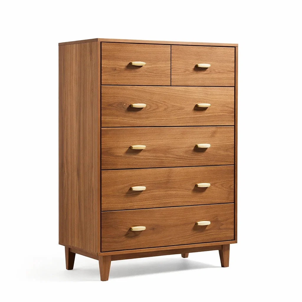 Cassettiera alta in legno con maniglie in metallo