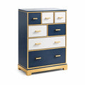 Cassettiera in legno MDF blu e bianco con maniglie dorate, 7 cassetti