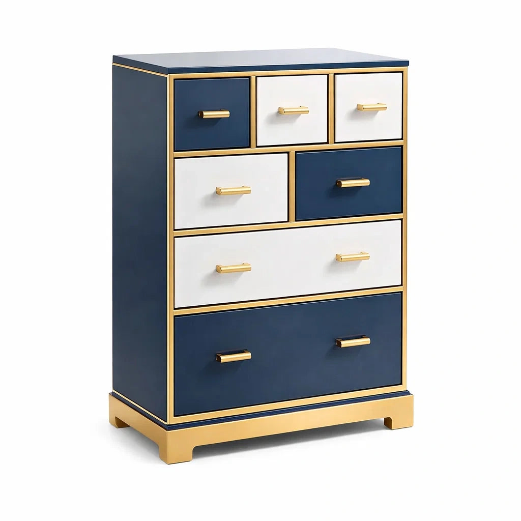 Cassettiera in legno MDF blu e bianco con maniglie dorate, 7 cassetti