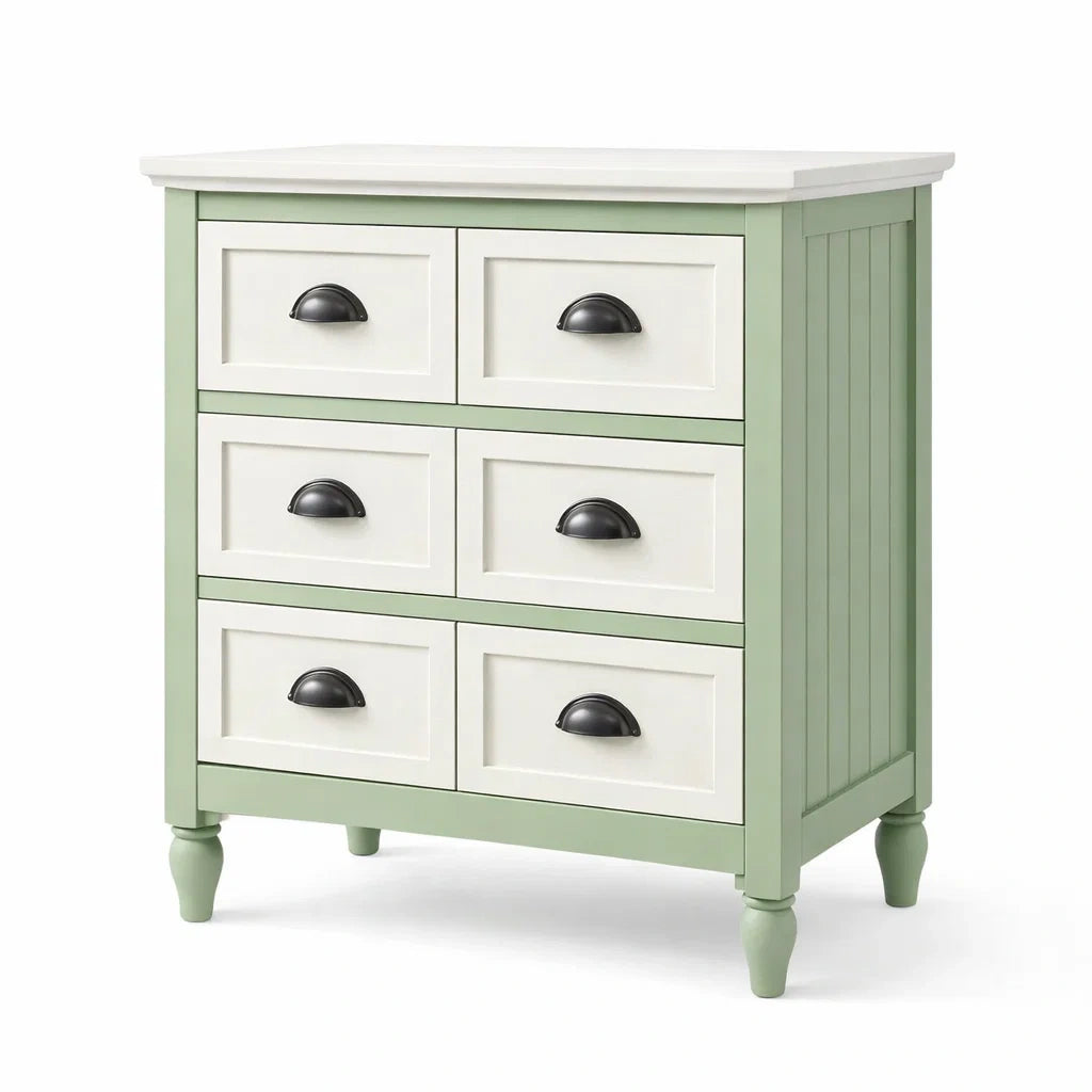 Cassettiera in legno di pino verde e bianco a sei cassetti