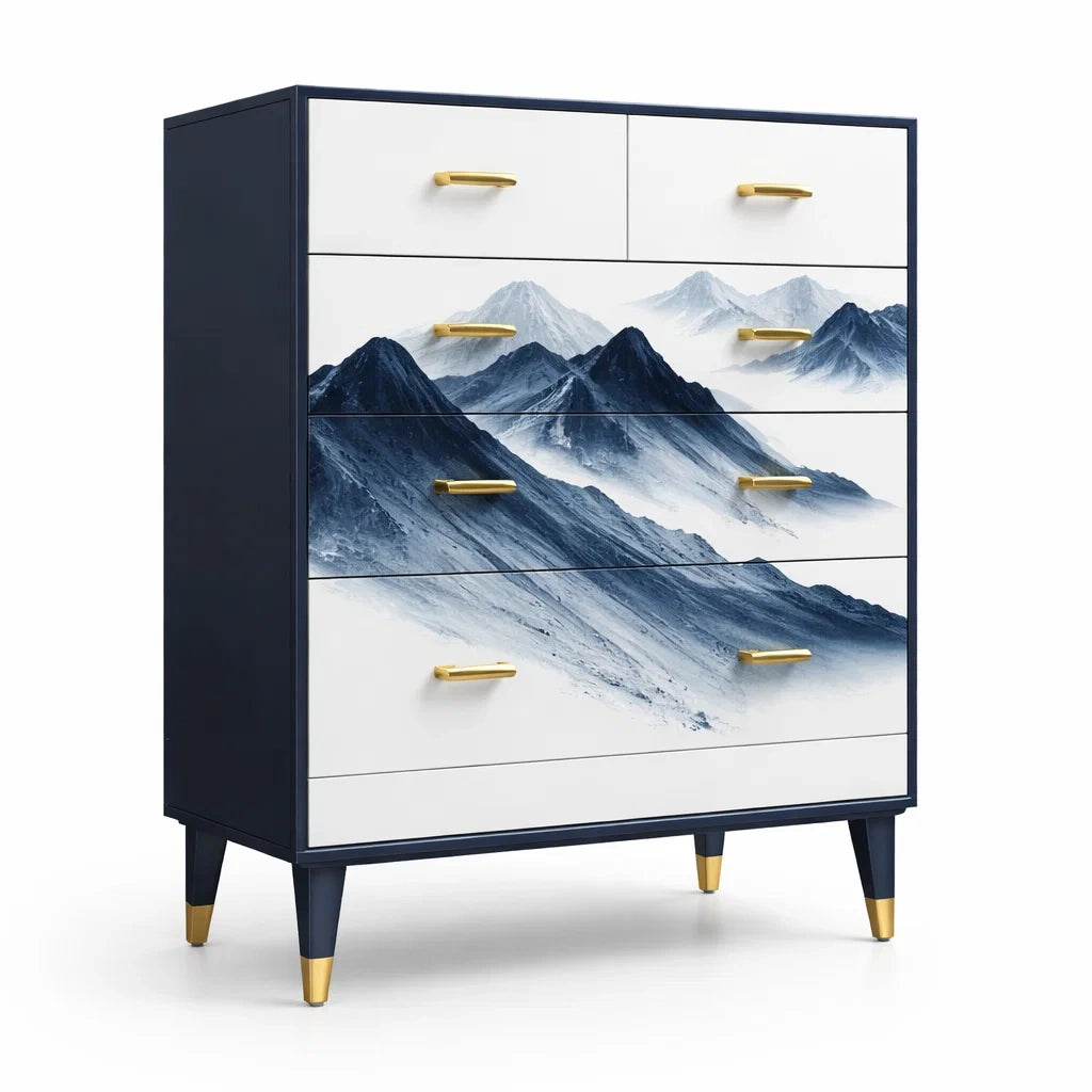 Cassettiera in MDF Blu e Bianco con Maniglie Dorate e Motivo Montano
