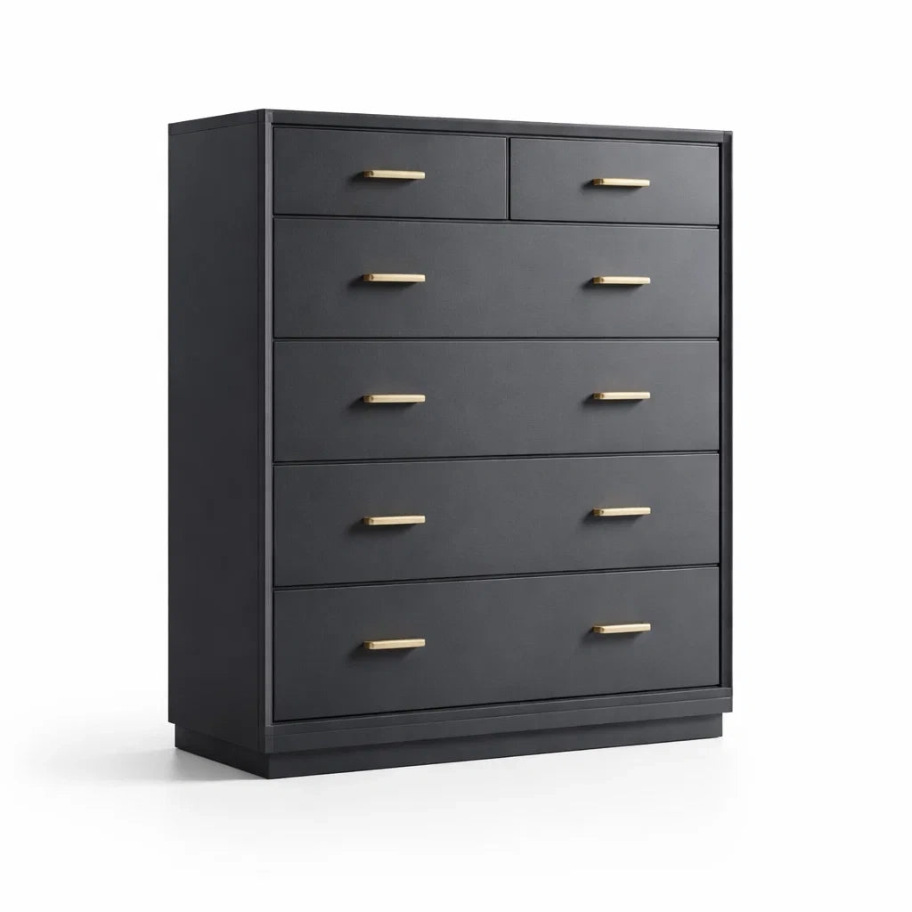 Cassettiera in MDF nero con sei cassetti e maniglie in metallo
