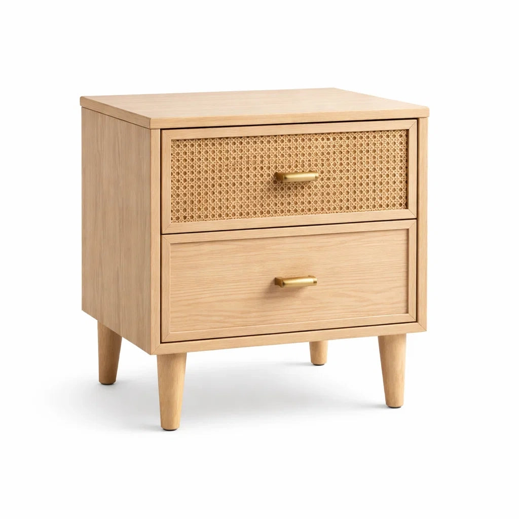 Comodino in Legno e Rattan con 2 Cassetti 50x40x60 cm
