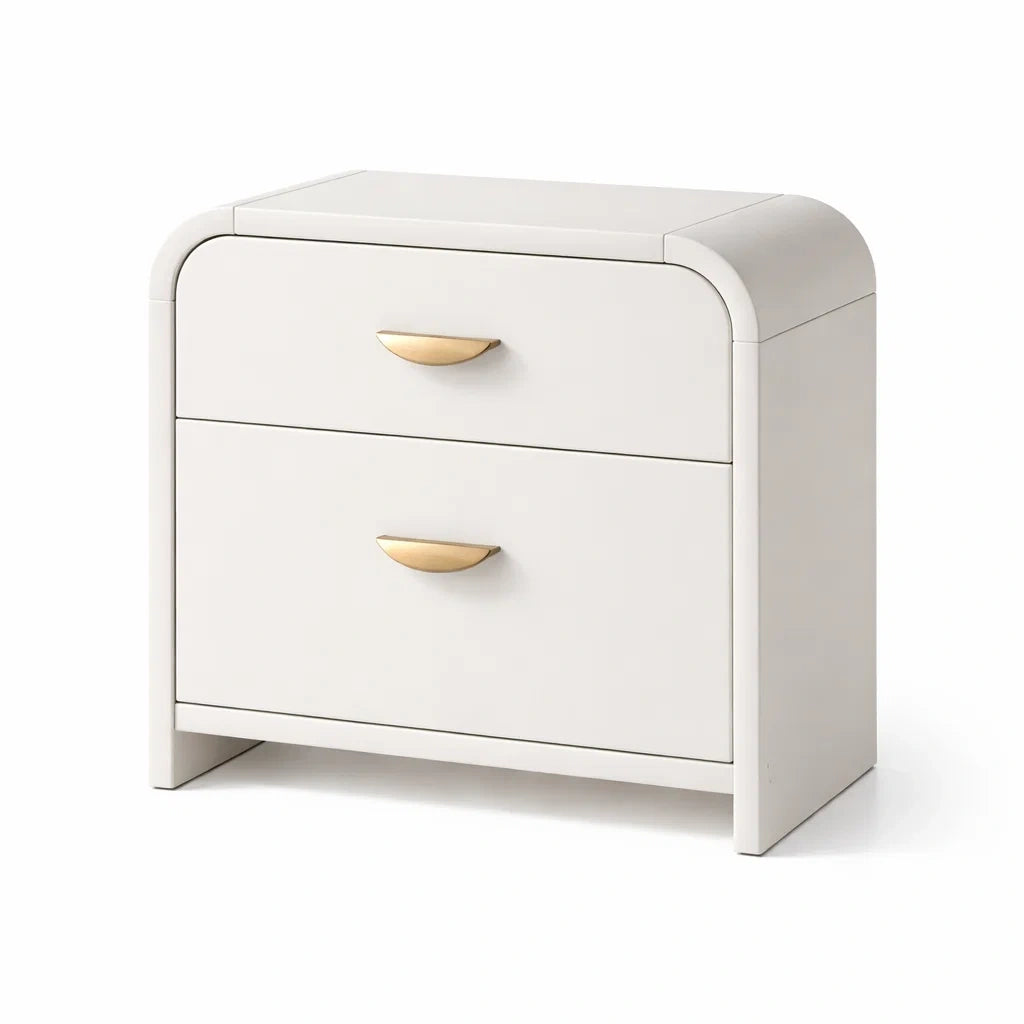 Comodino a Due Cassetti in Legno MDF Bianco con Maniglie Dorate