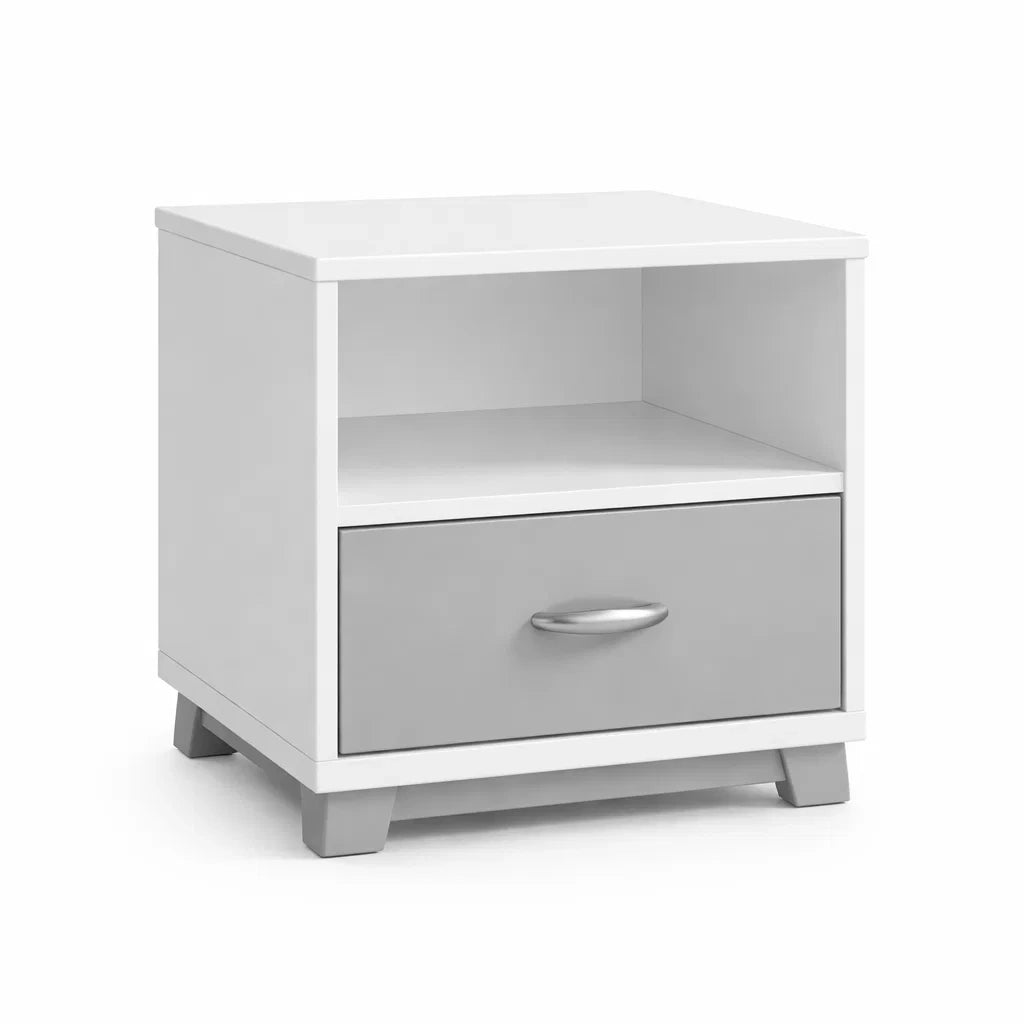 Comodino in Legno MDF Bianco e Grigio con Cassetto