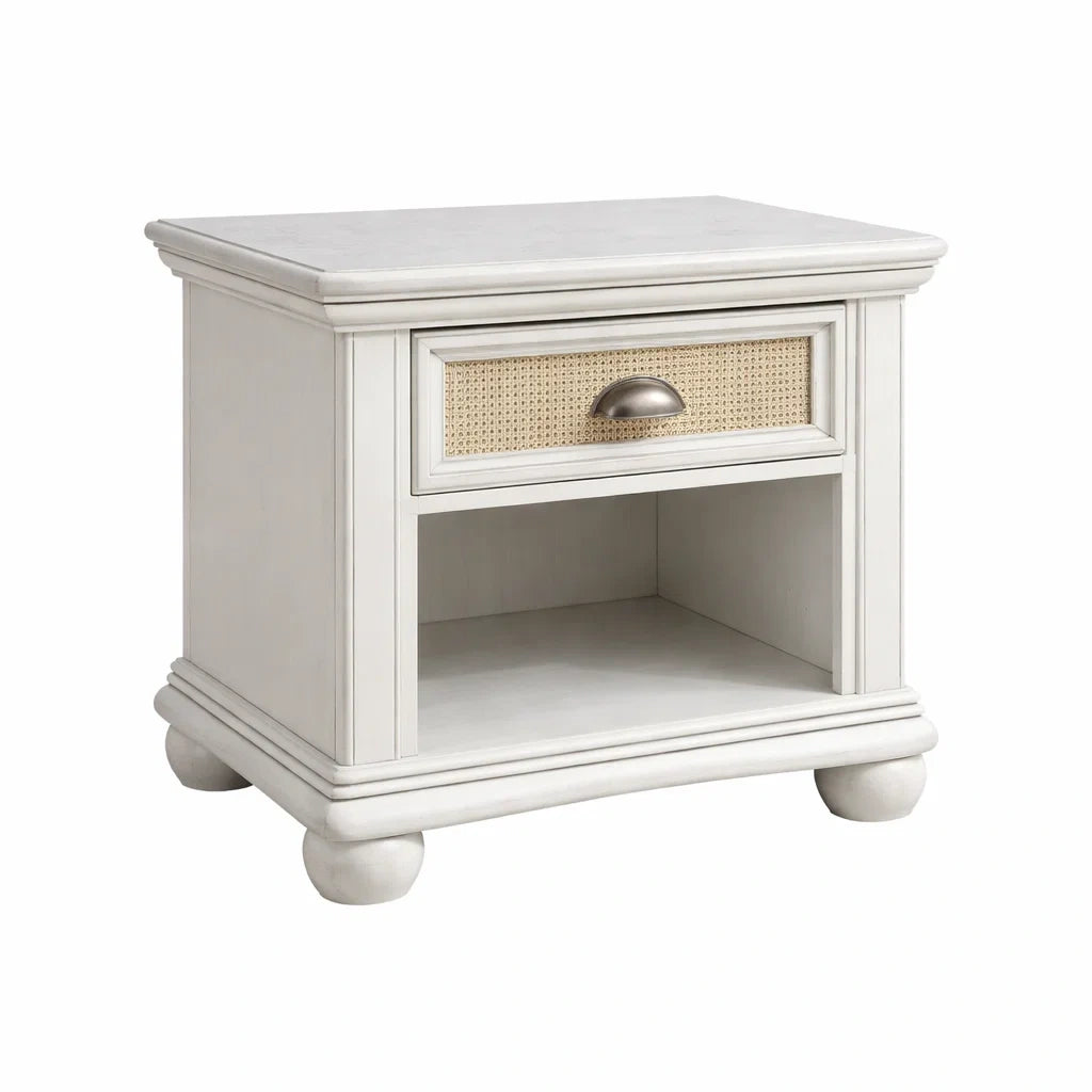 Comodino in legno e rattan bianco 60x40x55 cm