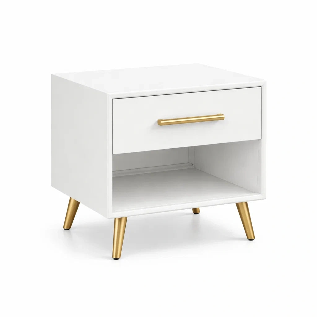 Comodino in Legno MDF con Gambe in Metallo Dorato Bianco