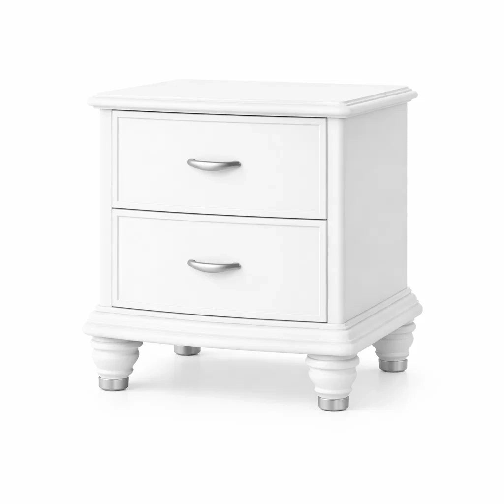 Comodino in legno con 2 cassetti e maniglie in metallo bianco