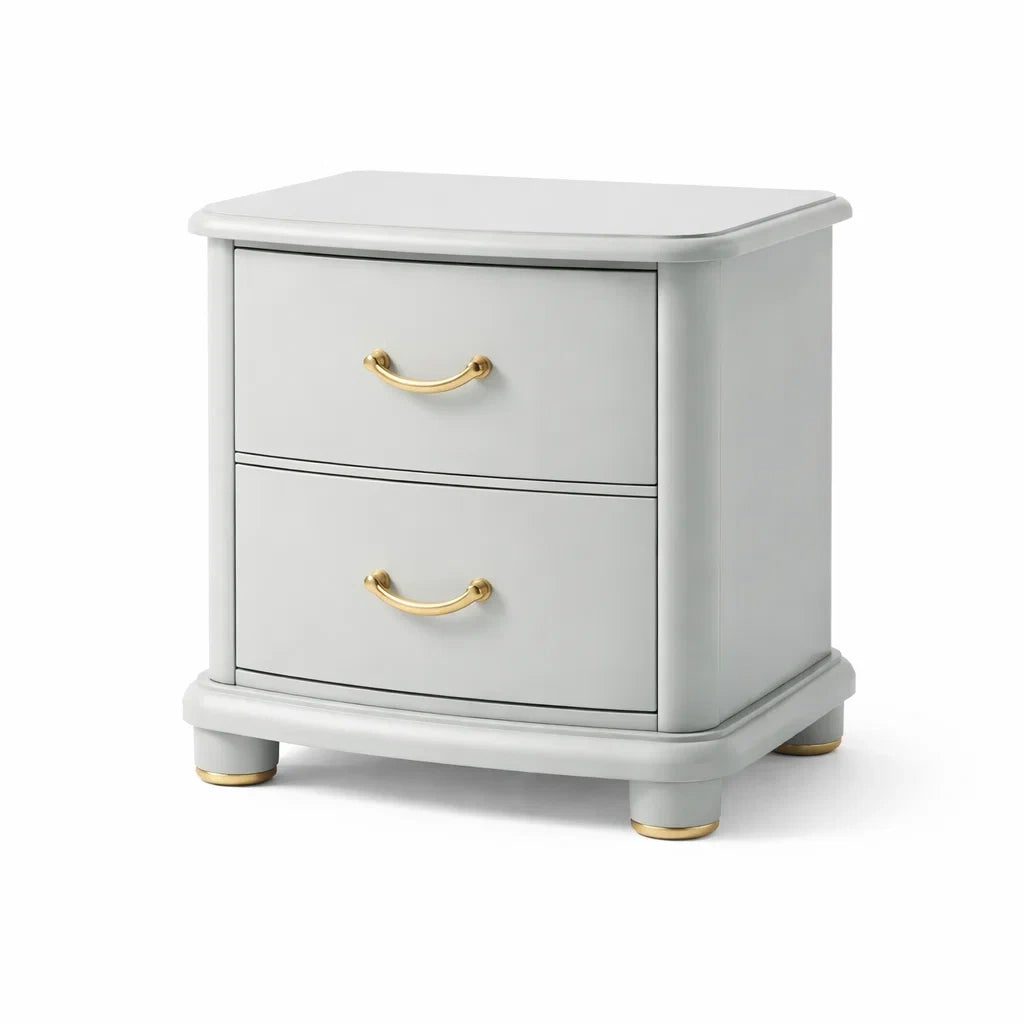 Comodino Curvo a Doppio Cassetto in Legno con Maniglie Dorate