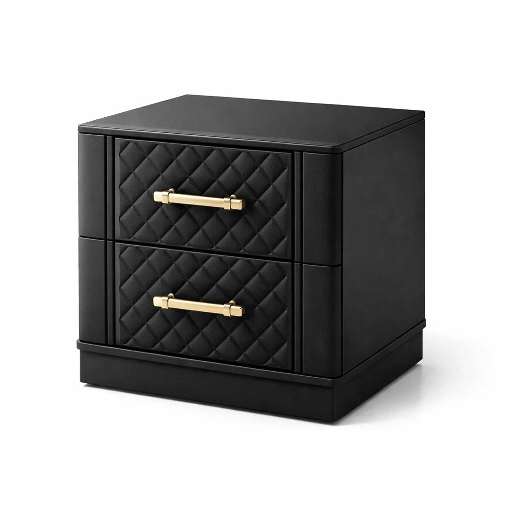 Comodino in legno con cassetti in ecopelle e metallo nero
