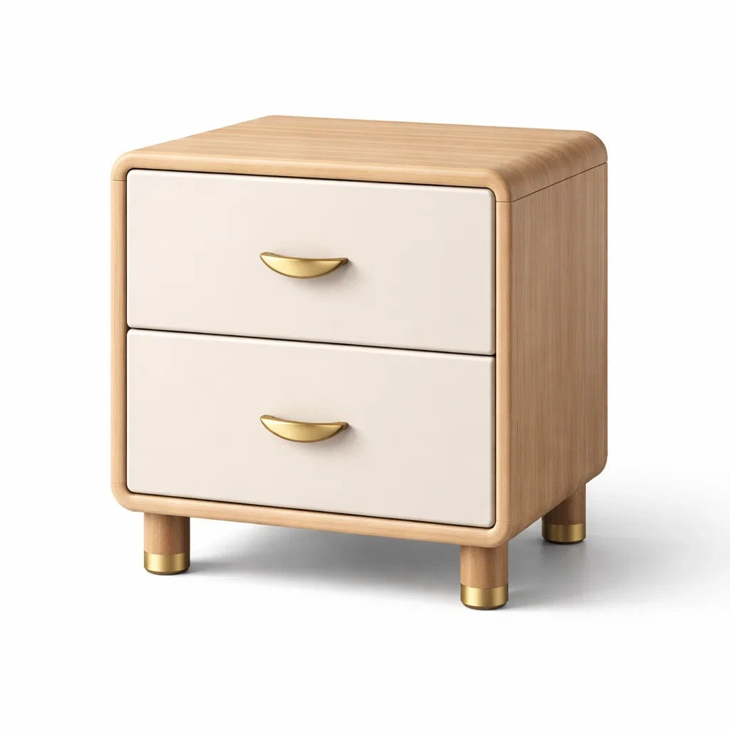 Comodino in legno e metallo con 2 cassetti, Beige e Oro