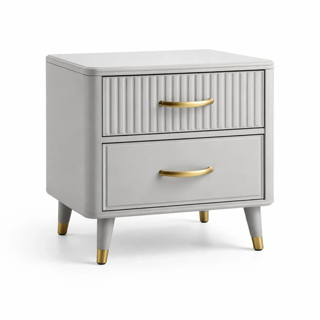 Comodino a 2 cassetti in legno MDF grigio con maniglie in metallo dorato