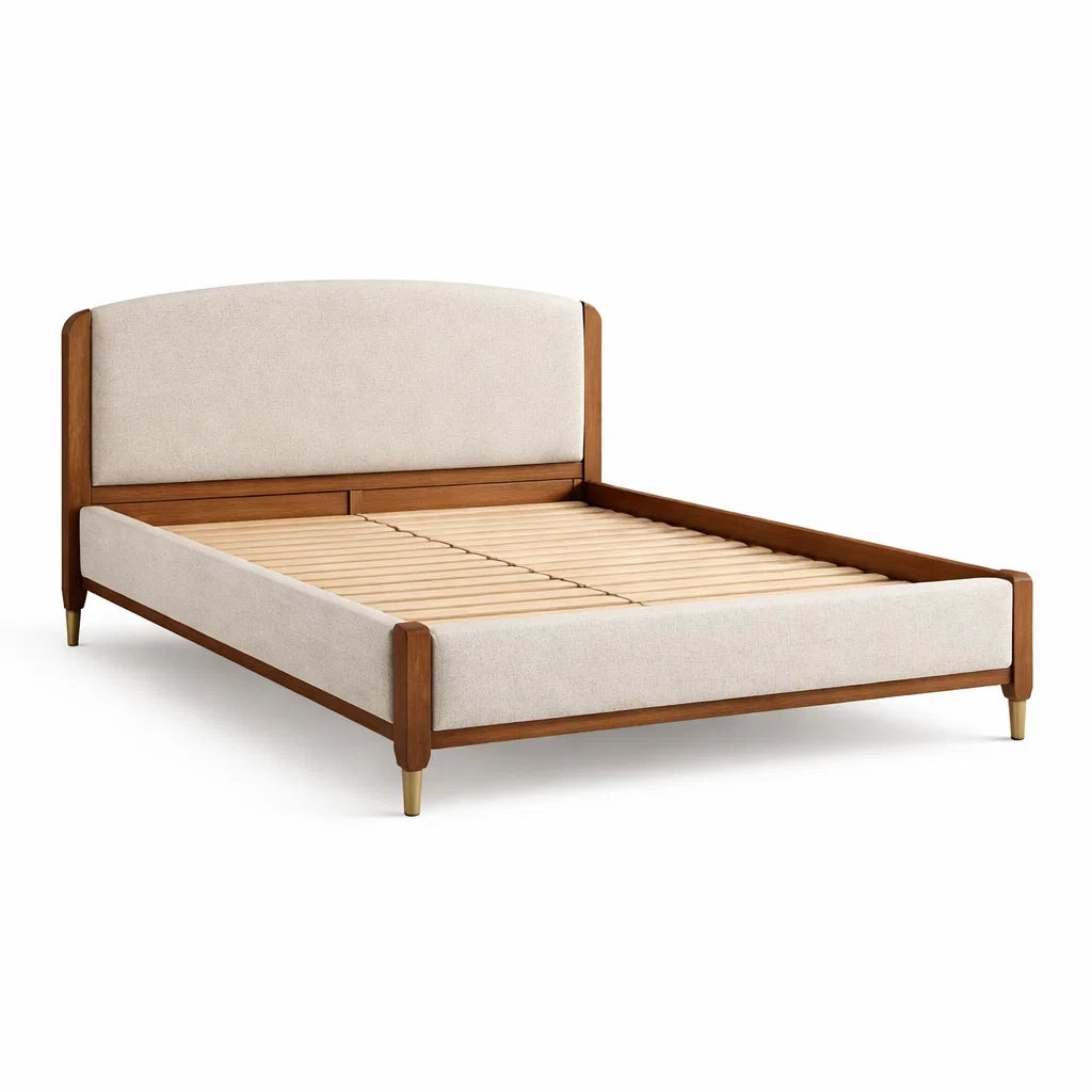 Letto matrimoniale in legno di pino con testiera imbottita beige 200x160 cm