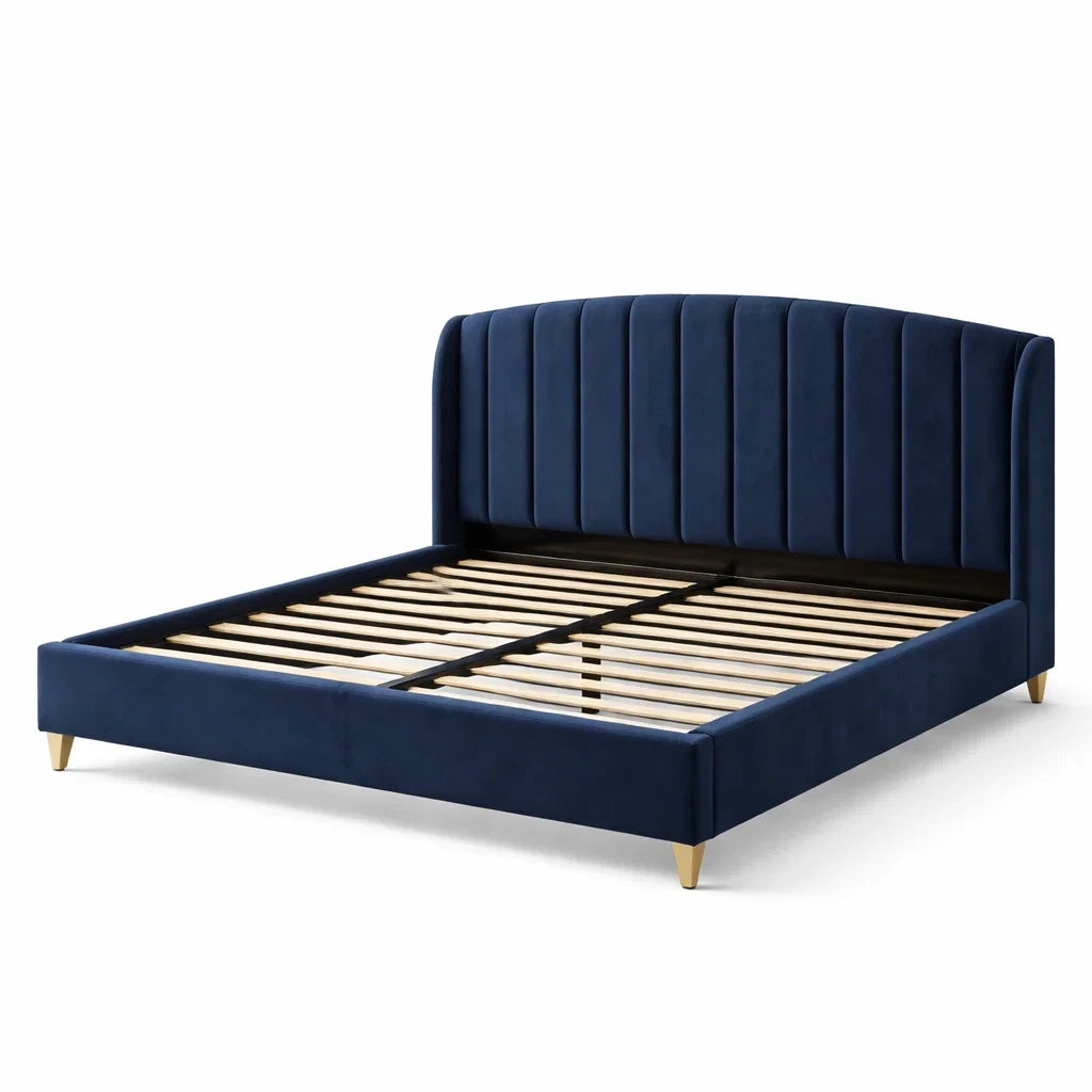 Letto matrimoniale in velluto con doghe in legno