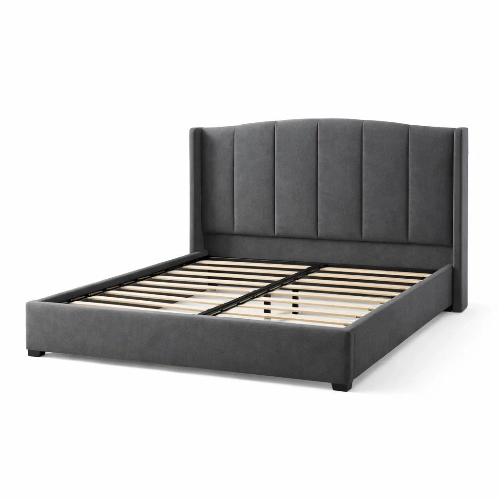 Letto Matrimoniale in Legno e Tessuto Grigio con Testiera Imbottita