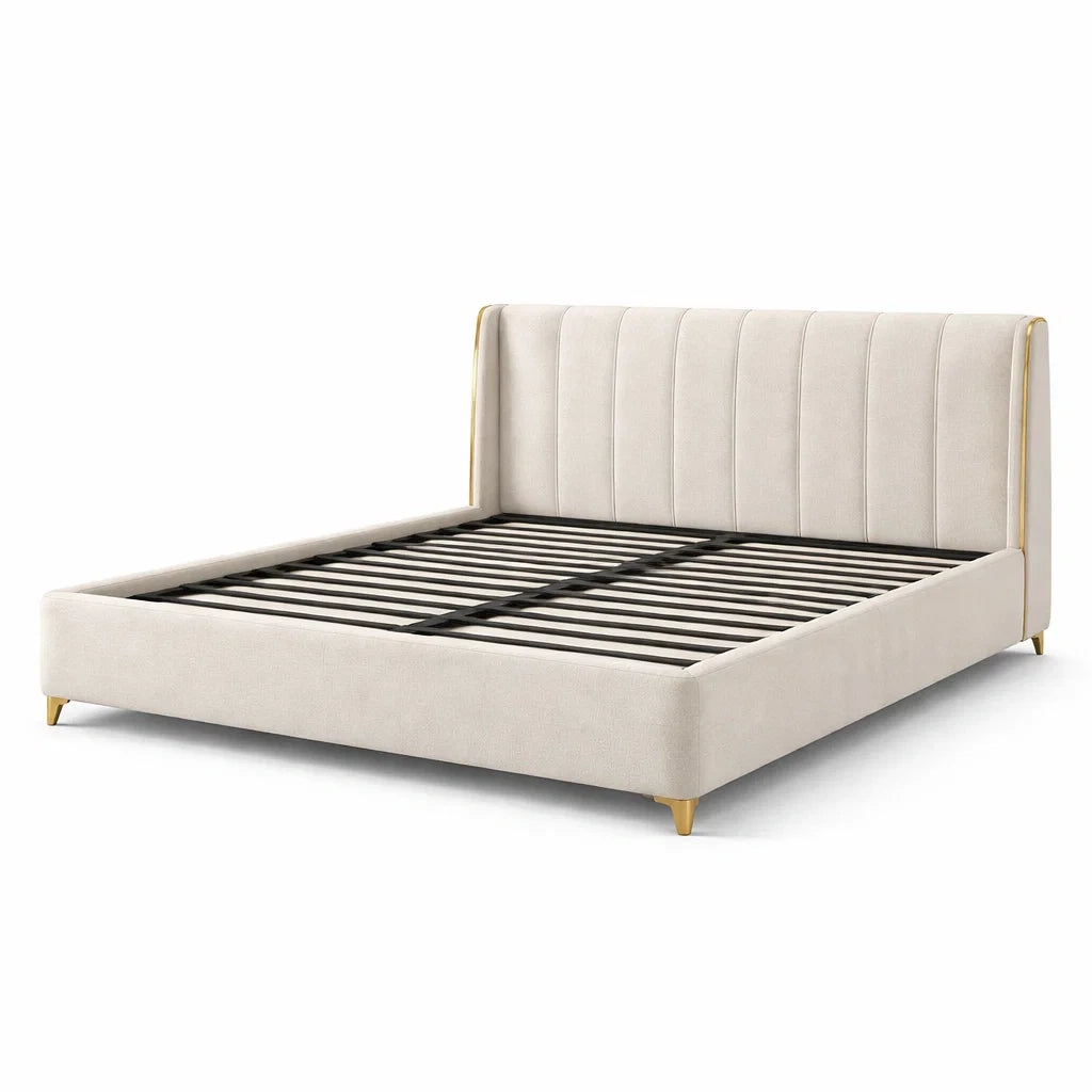 Letto matrimoniale in legno e tessuto beige 180x220 cm