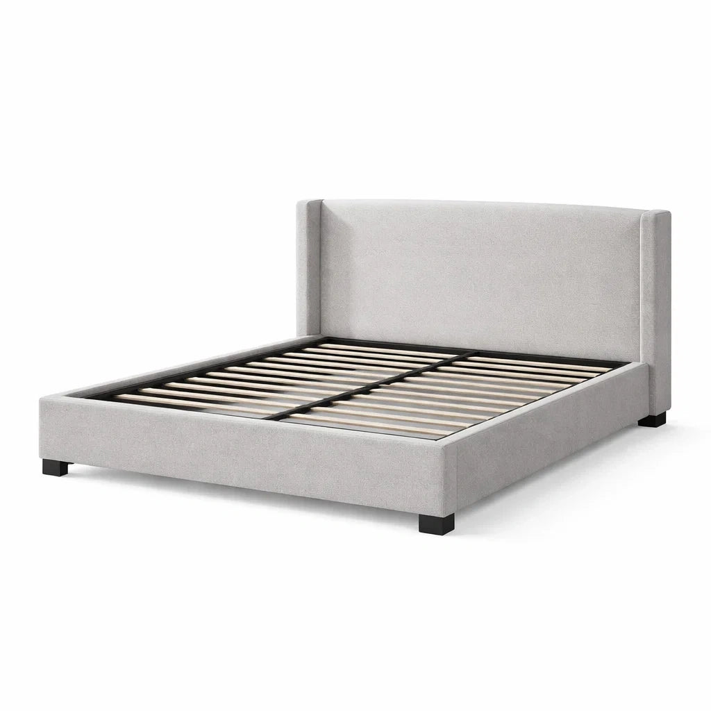 Letto matrimoniale in tessuto grigio con doghe in legno 200x160 cm