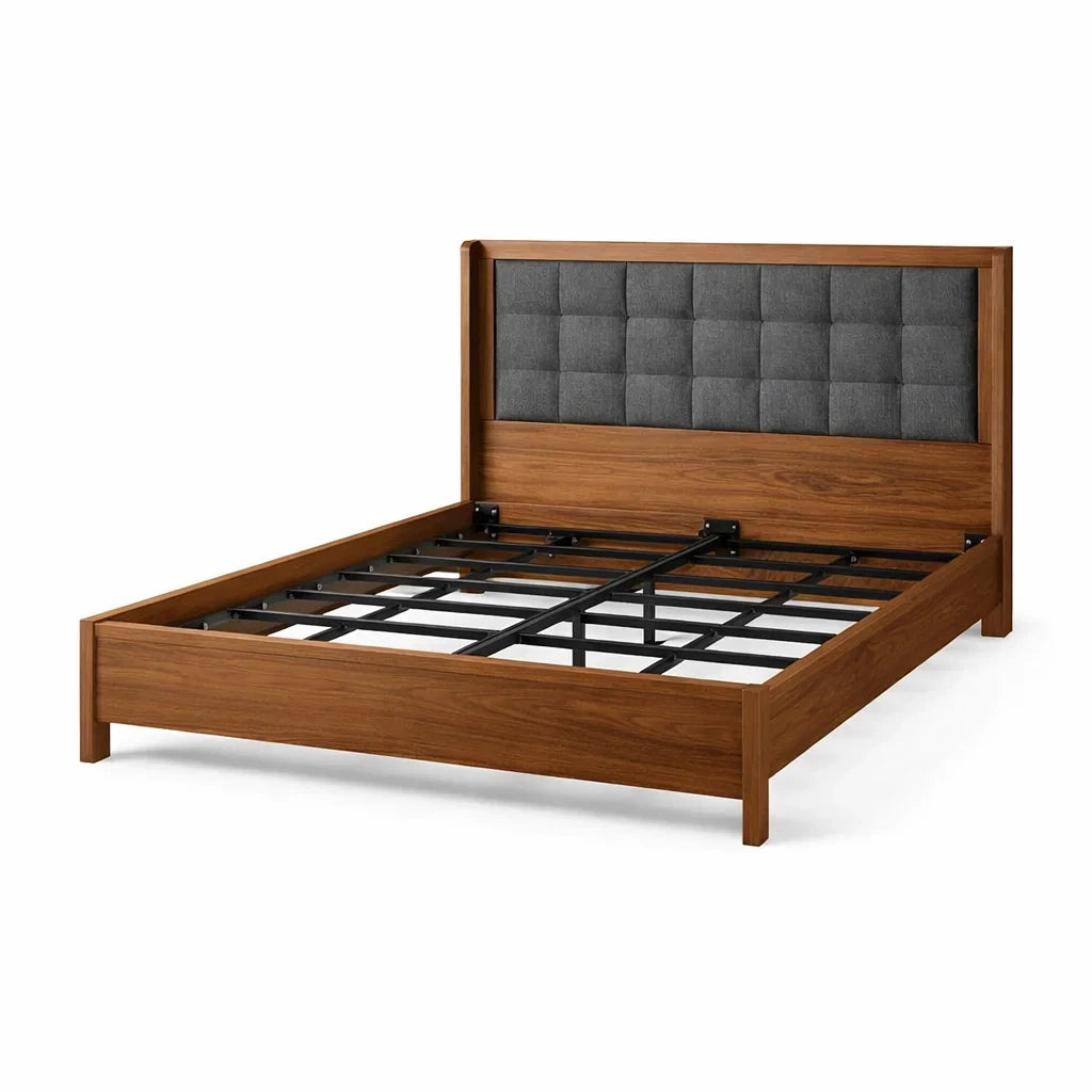 Letto Matrimoniale in Legno con Testata in Tessuto