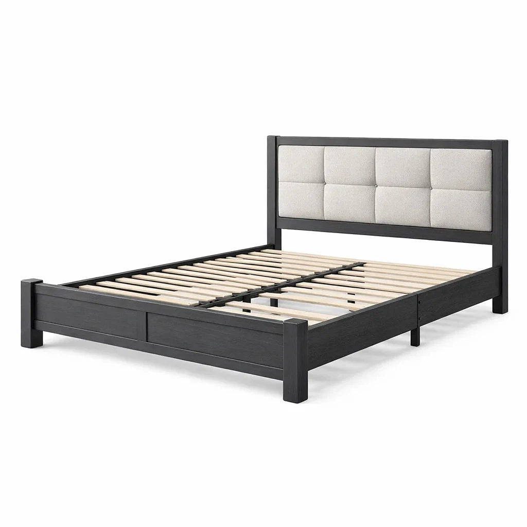 Letto Matrimoniale in Legno con Testiera in Tessuto Antracite/Beige
