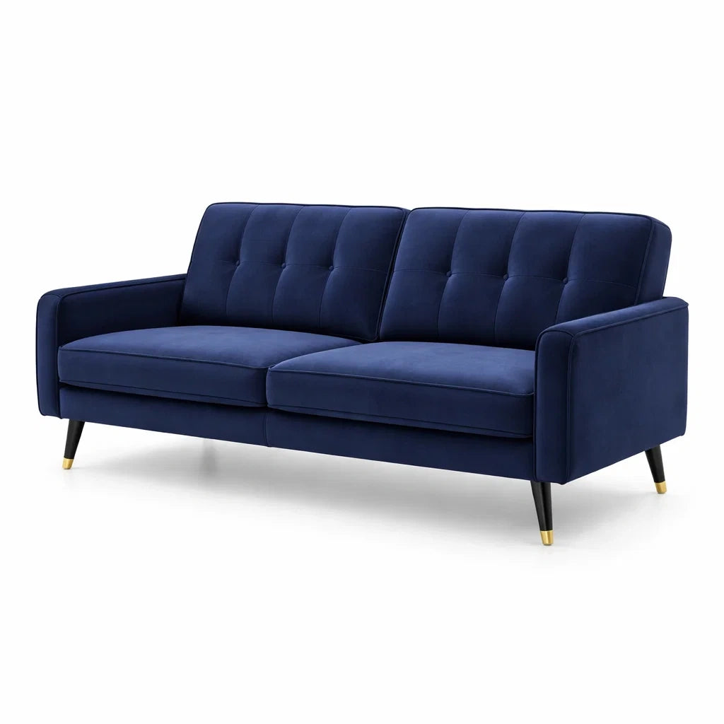 Divano 3 posti in velluto blu con gambe in metallo