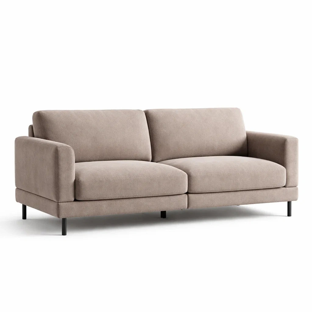 Divano a 3 posti in tessuto beige con gambe in metallo