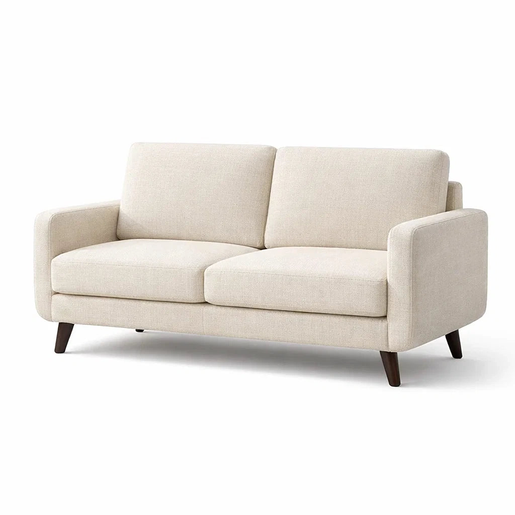 Divano a 2 posti in tessuto beige con gambe in legno