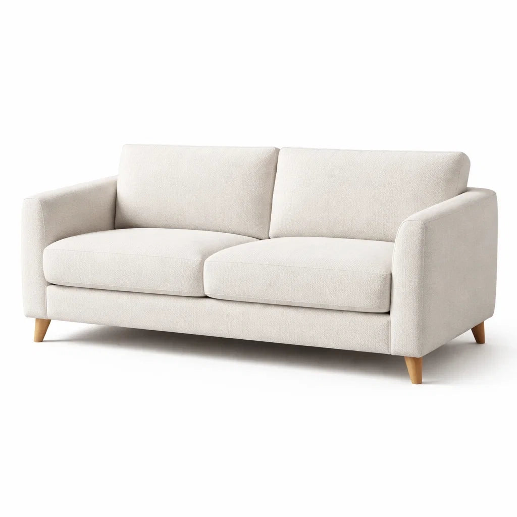 Divano 2 posti in tessuto poliestere beige con gambe in legno