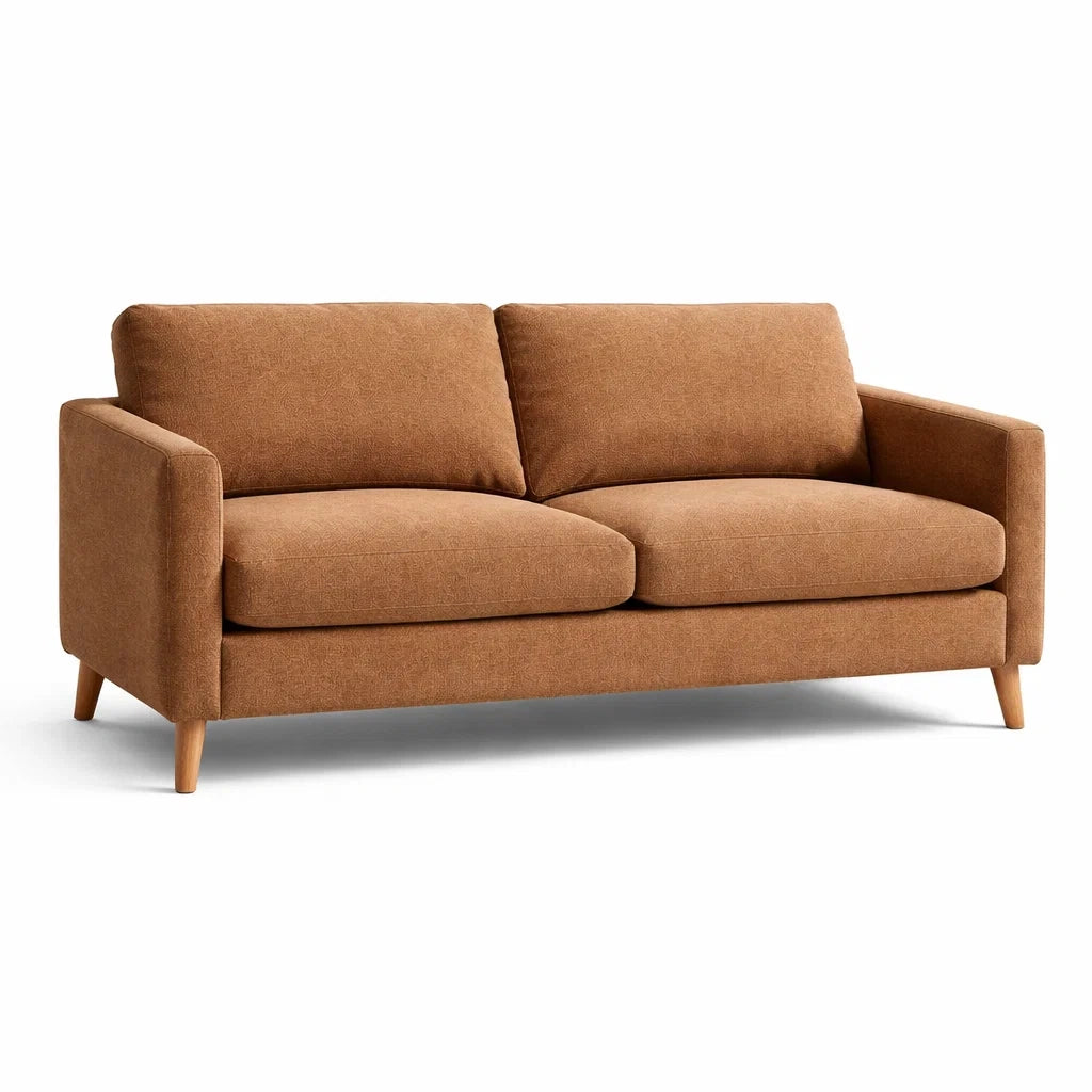 Divano in tessuto marrone con gambe in legno