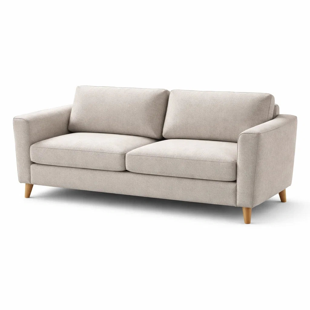 Divano a 3 posti in tessuto beige con gambe in legno