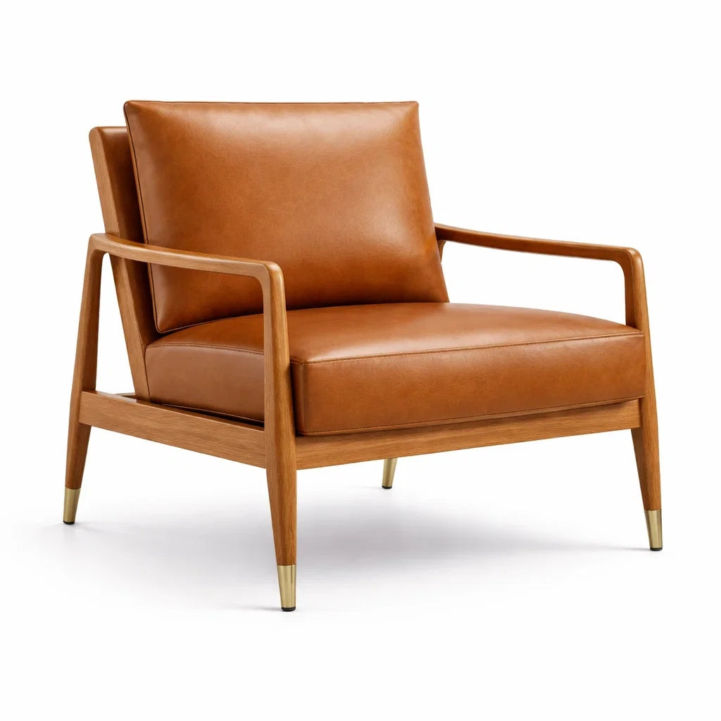 Poltrona in Pelle Sintetica Marrone con Struttura in Legno