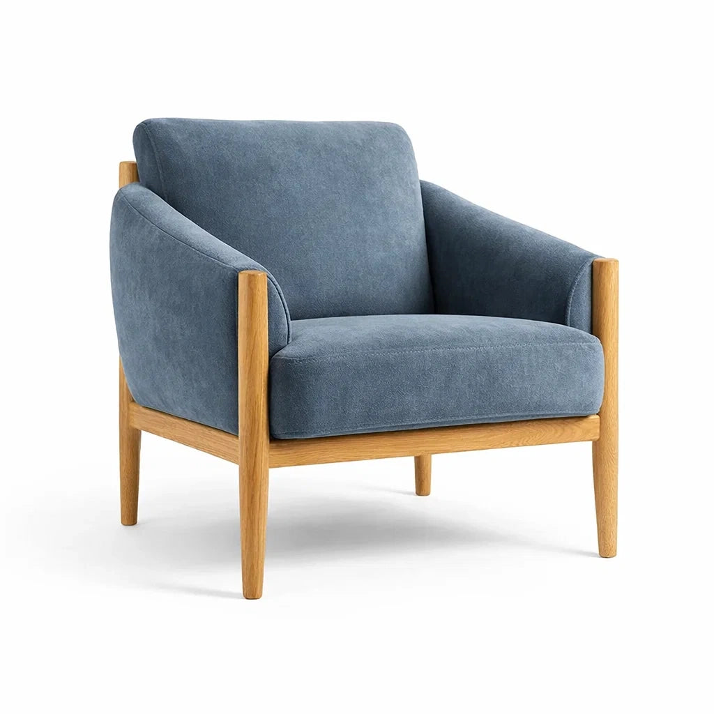 Poltrona in Tessuto Blu con Struttura in Rovere