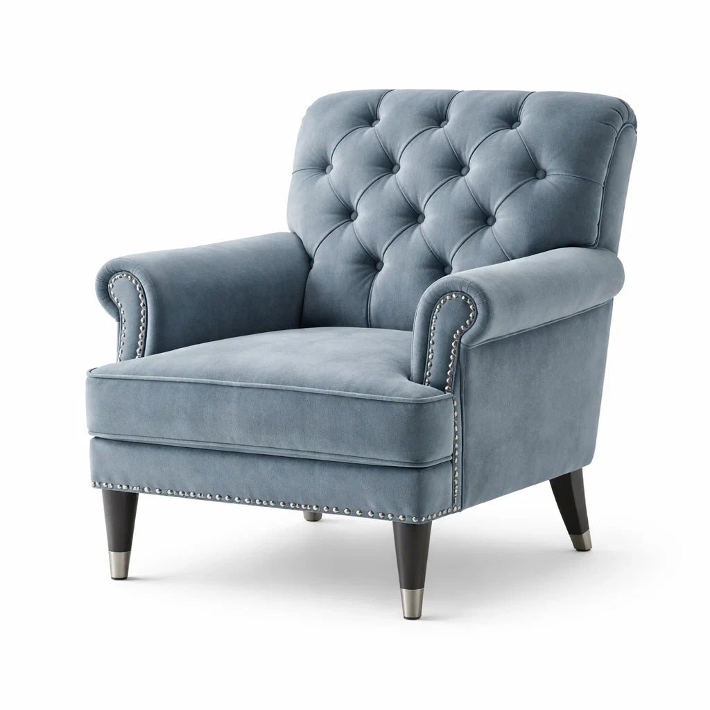 Poltrona in velluto blu con gambe in legno