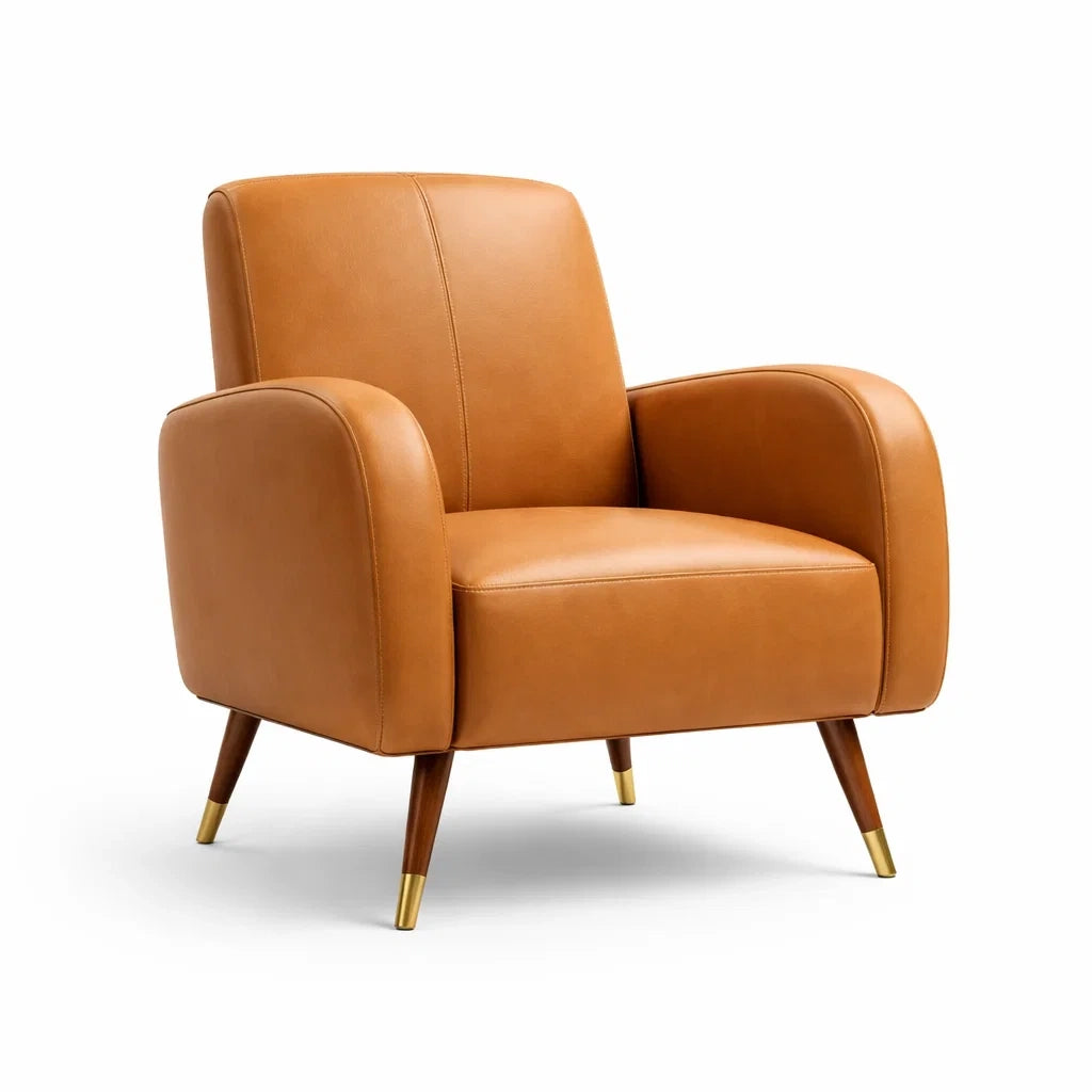 Poltrona in Finta Pelle Marrone con Gambe in Legno e Metallo Dorato