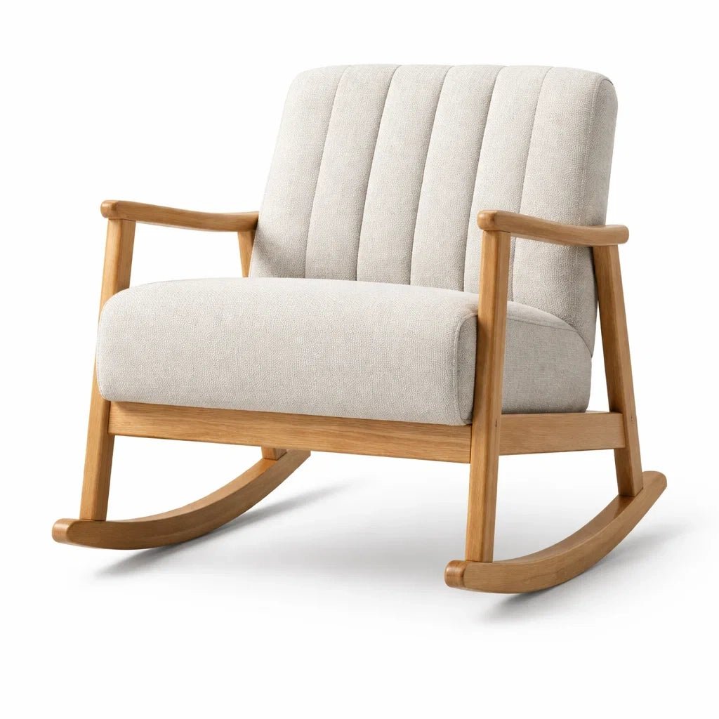 Sedia a Dondolo in Legno e Tessuto Beige