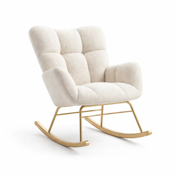 Poltrona a dondolo in tessuto beige e metallo